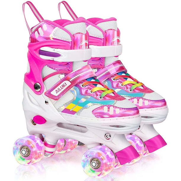 Roller Skates for Girls Boys Kids, Black Pink Purple 4 Sizes Adjustable  Kids Roller Skates with Light up Wheels and Shining Upper Design, Roller