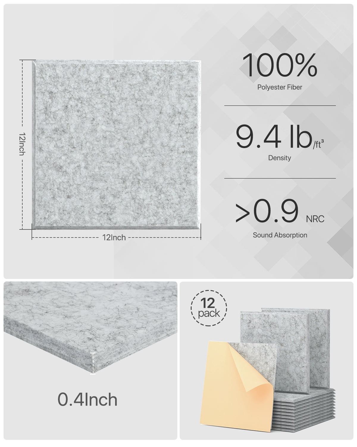Soundsbay Soundproof Wall Panels Square Self-Adhesive Soundproof Absorbing Noise Cancelling Wall Panels 12 Pack Gray 12'' x 12'' x 0.4''