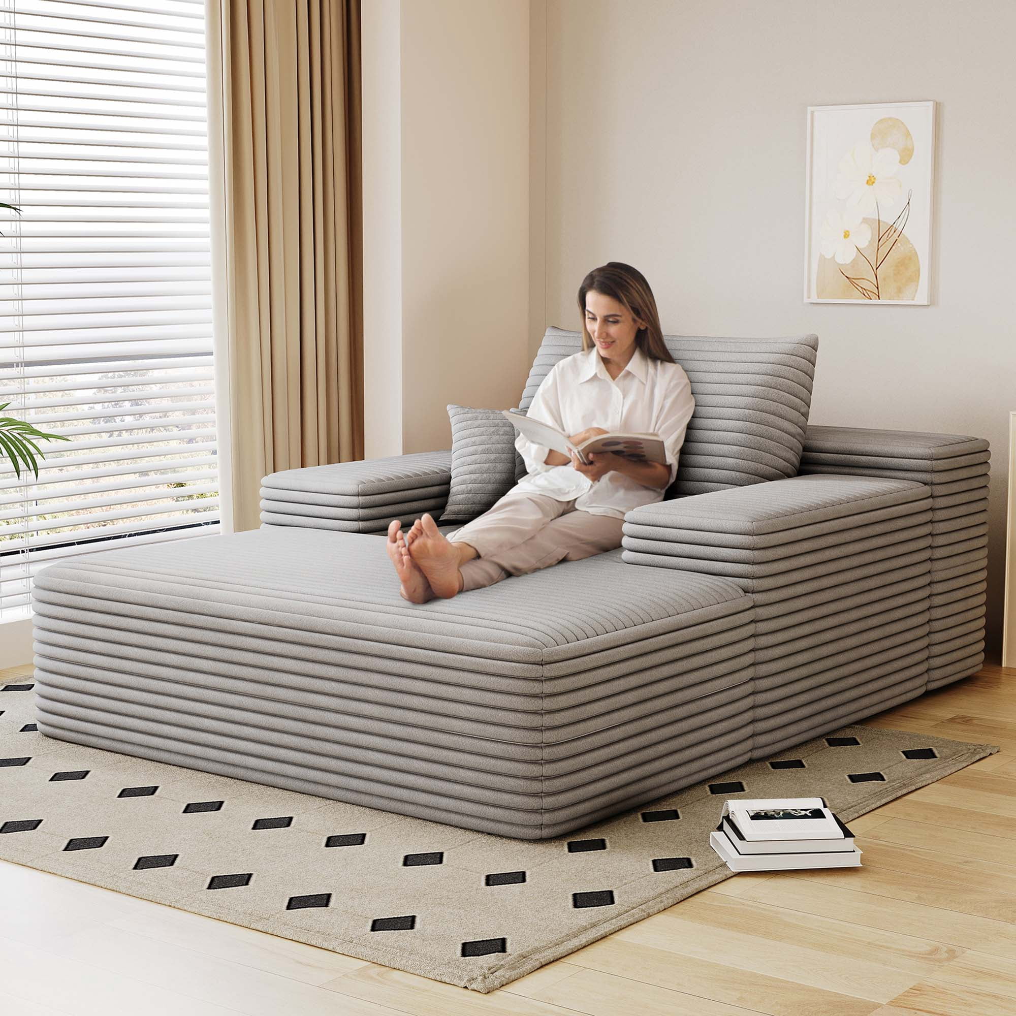 Miniyam 68 x 51" Oversized Chaise Lounge Chair Indoor, Upholstered Sleeper Reading Chairs with 2 Pillows for Living Room, Grey