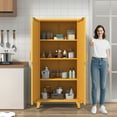thumbnail image 3 of Double Door Pantry Cabinet Multifunctional Heavy Duty Storage Cabinet with 3 Layers Adjustable Shelves - 61 " Yellow Food Storage Cabinet for Living Room, Garage, Office Size： 61"H X 27.6"W X 13.8"D, 3 of 6