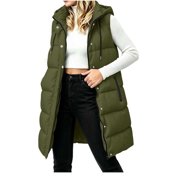 Staron Women Winter Sleeveless Hooded Down Jacket Casual Quilted Puffer Vest Coat with Zipper Pockets Solid Color Warm Outerwear Army Green XXL