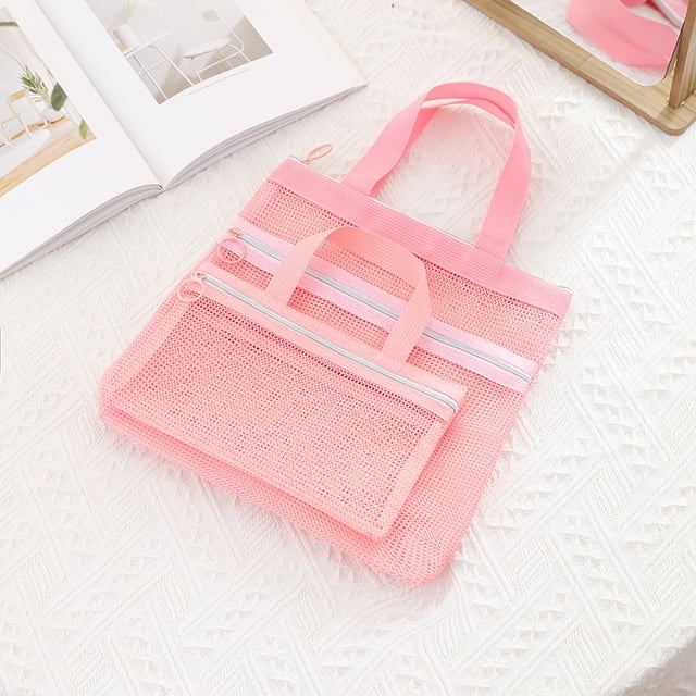 Mesh multi-pocket swimming bag, portable travel storage bag, tote bath bag, polyester beach bag, premium selection 064+066 pink combination.