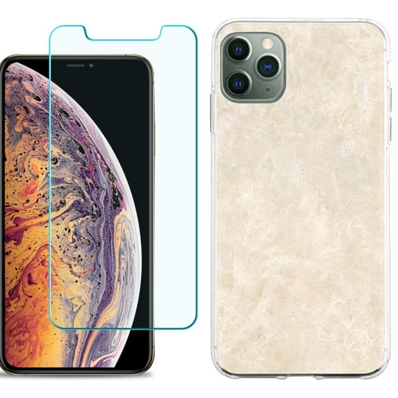 For Apple iPhone 11 Pro Max Phone Case , Slim-Fit TPU Case with Tempered Glass Screen Protector, by OneToughShield ® - Marble / Latte