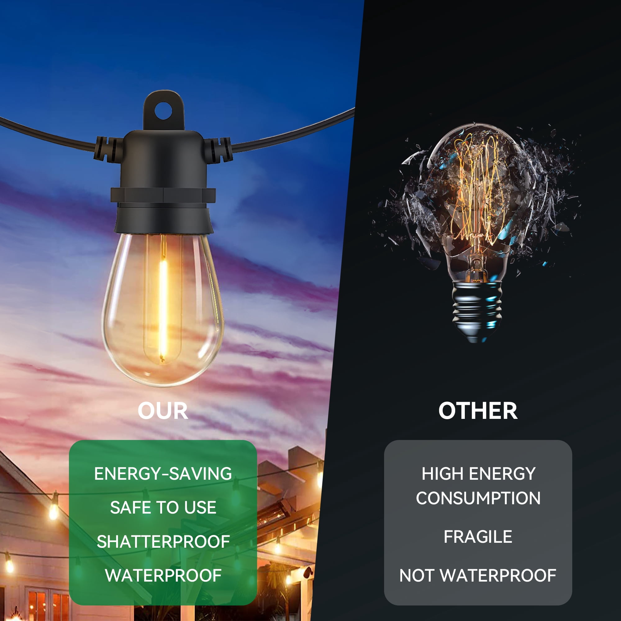 Hyrion Solar Outdoor String Lights, S14 100ft Waterproof Shatterproof Hanging Lights, with 30 Edison Bulbs for Garden Patio