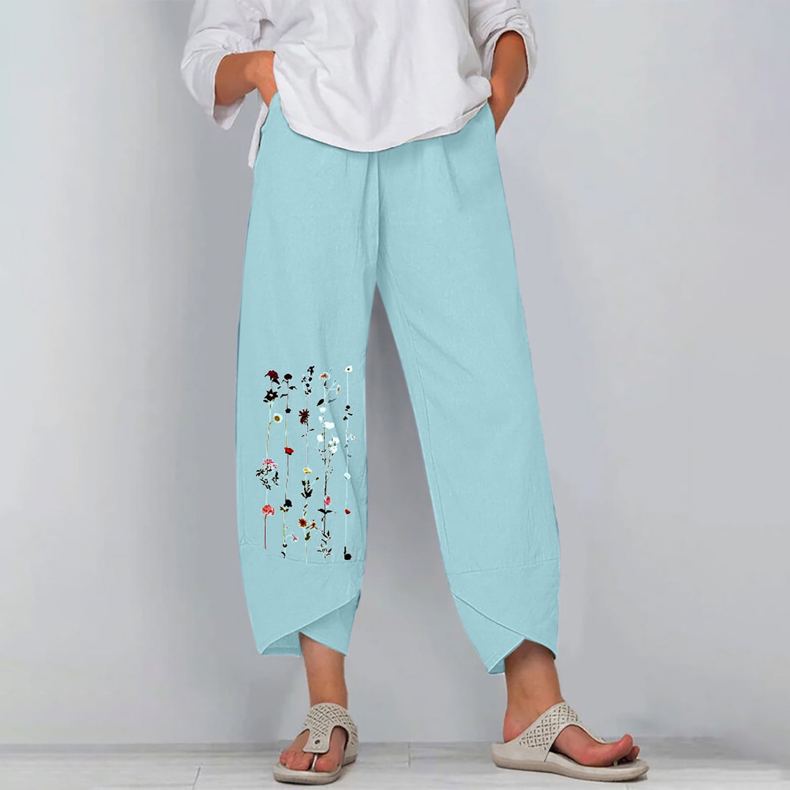 Elastic Casual Capri Pants Summer Embroidered Bamboo Capri Pants for