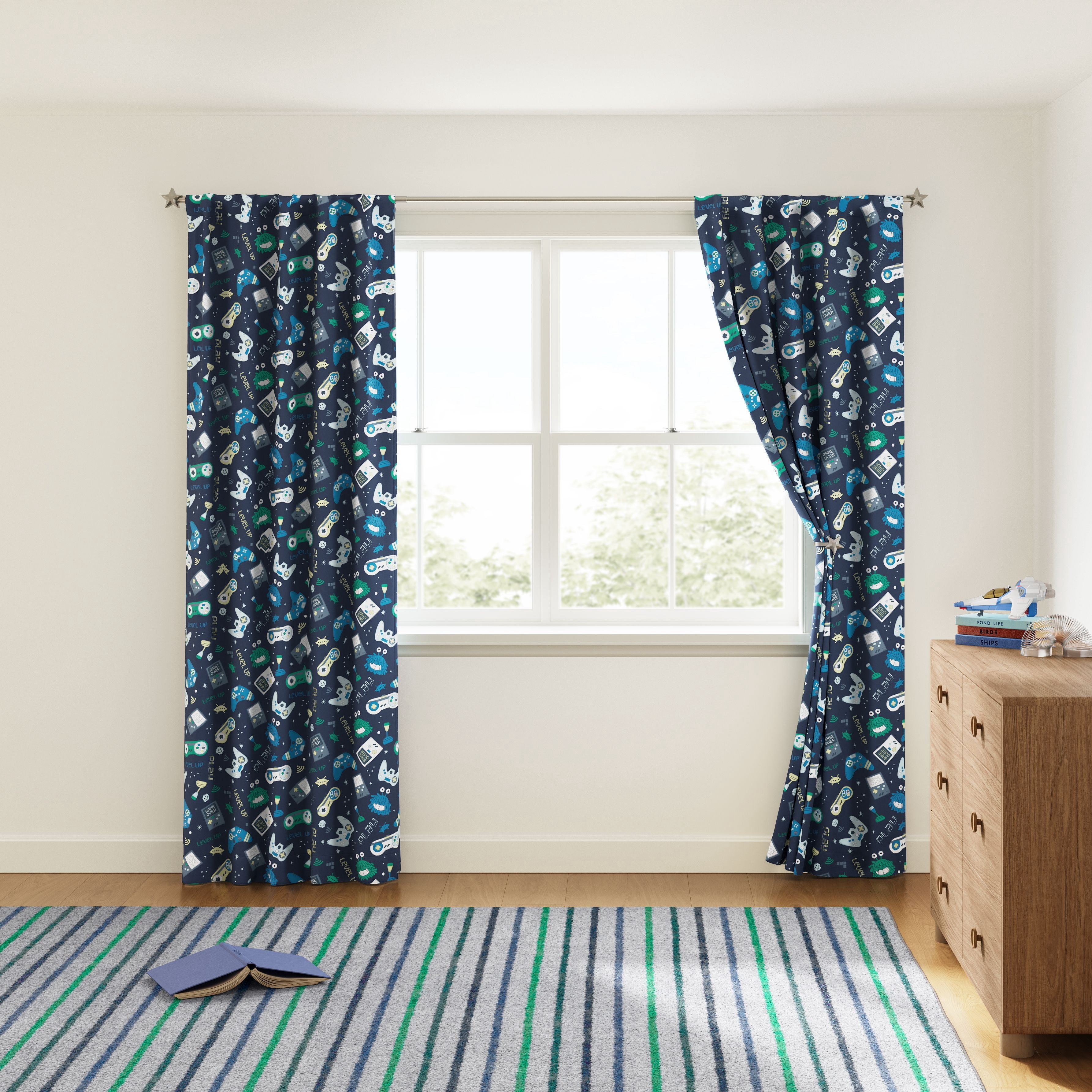 Mainstays Kids Navy Blue Printed Glow in the Dark Blackout Rod Pocket with Back Tabs Single Curtain Panel, Gamer Print, 38" W x 95" L