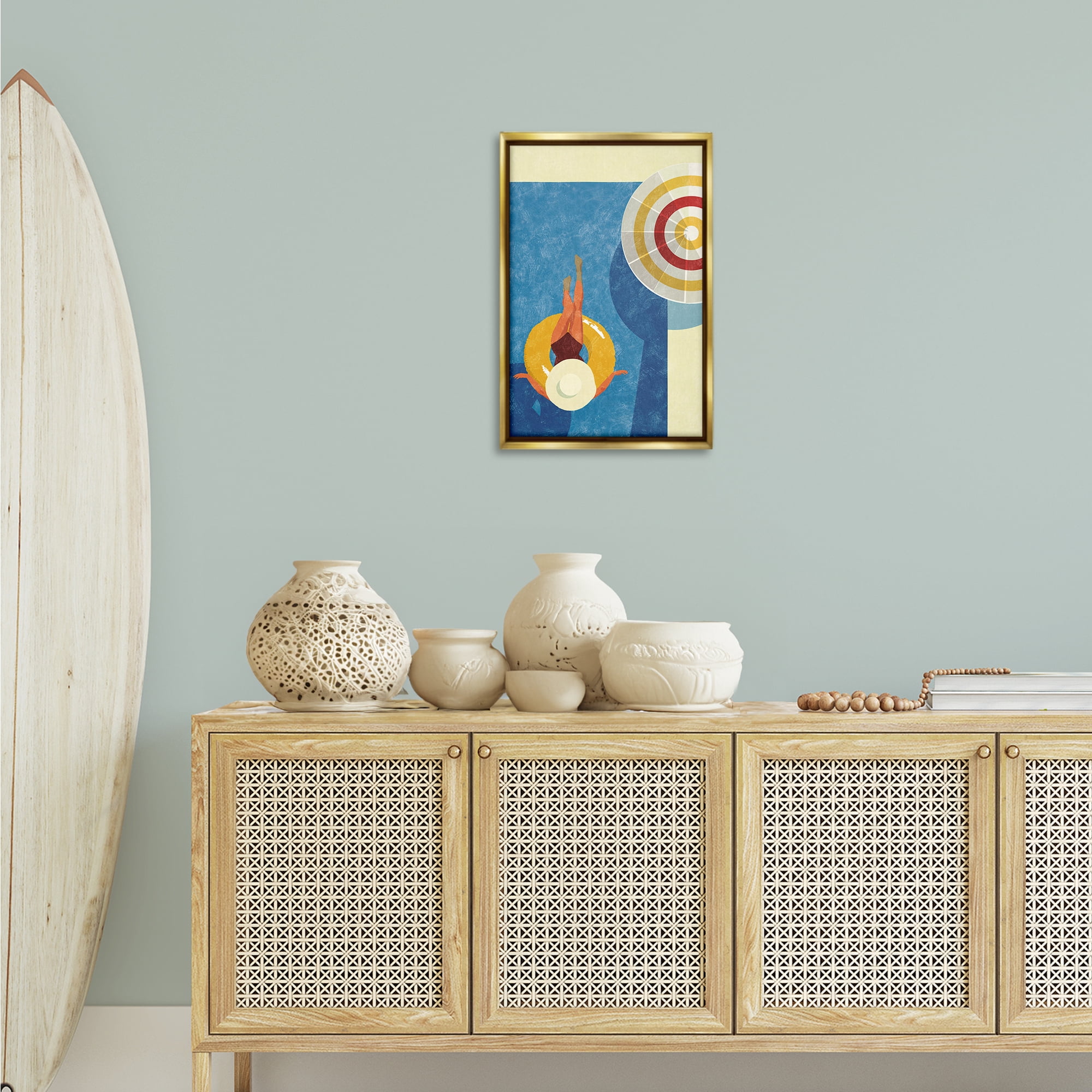 Stupell Industries Relaxing on Pool Float Novelty Painting Gold Floater Framed Canvas Art Print Wall Art, 17 x 25