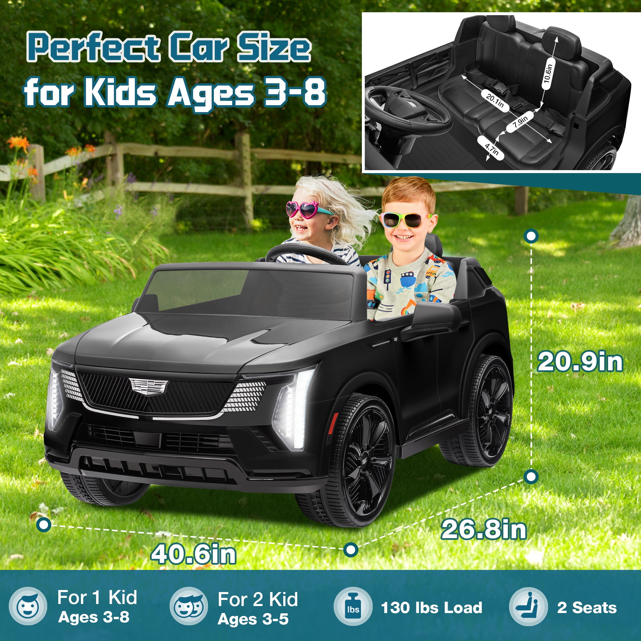 24V 2 Seater Ride on Cars, Licensed Cadillac Escalade IQ Powered Ride on Toys Truck with Remote Control, 4 Wheels Spring Suspension, LED Light, Electric Cars for Kids Ages 3-8 Gifts, Black