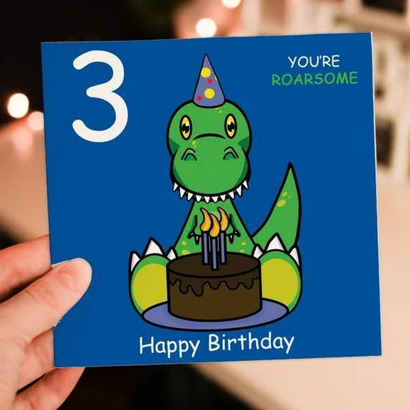 Roarsome Dinosaur Birthday Card for 3-Year-Old - Cute T-Rex Design with Cake - Perfect for Kids' Birthday Celebrations