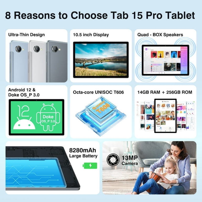 Tablet Blackview 10.5 inch Android Tablets 256GB ROM 8GB RAM Computer  Tablet for Gaming Learning 8280mAh with Case, Tab 15 Pro, Gray