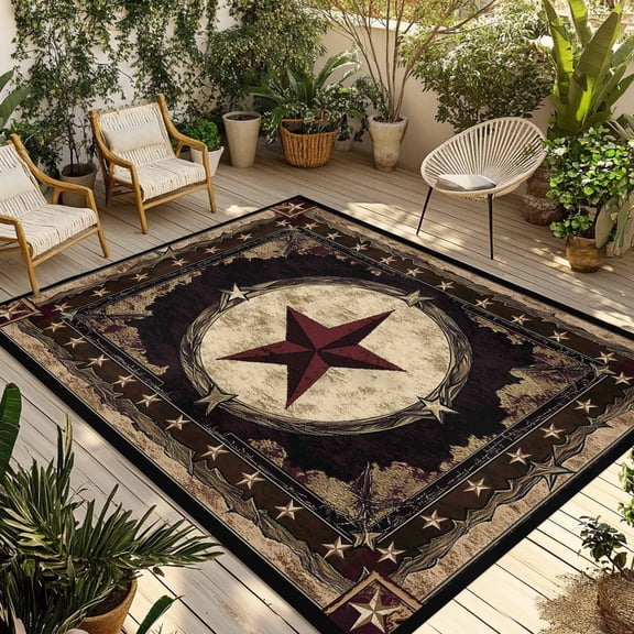 Fsddascl Western Stars Brown Outdoor Rug for Patio/Deck/Porch, Non-Slip Large Area Rug 5 x 8 Ft, Farmhouse Country Vintage Wood Grain Indoor Outdoor Rugs Washable Area Rugs, Camping Rug Carpet