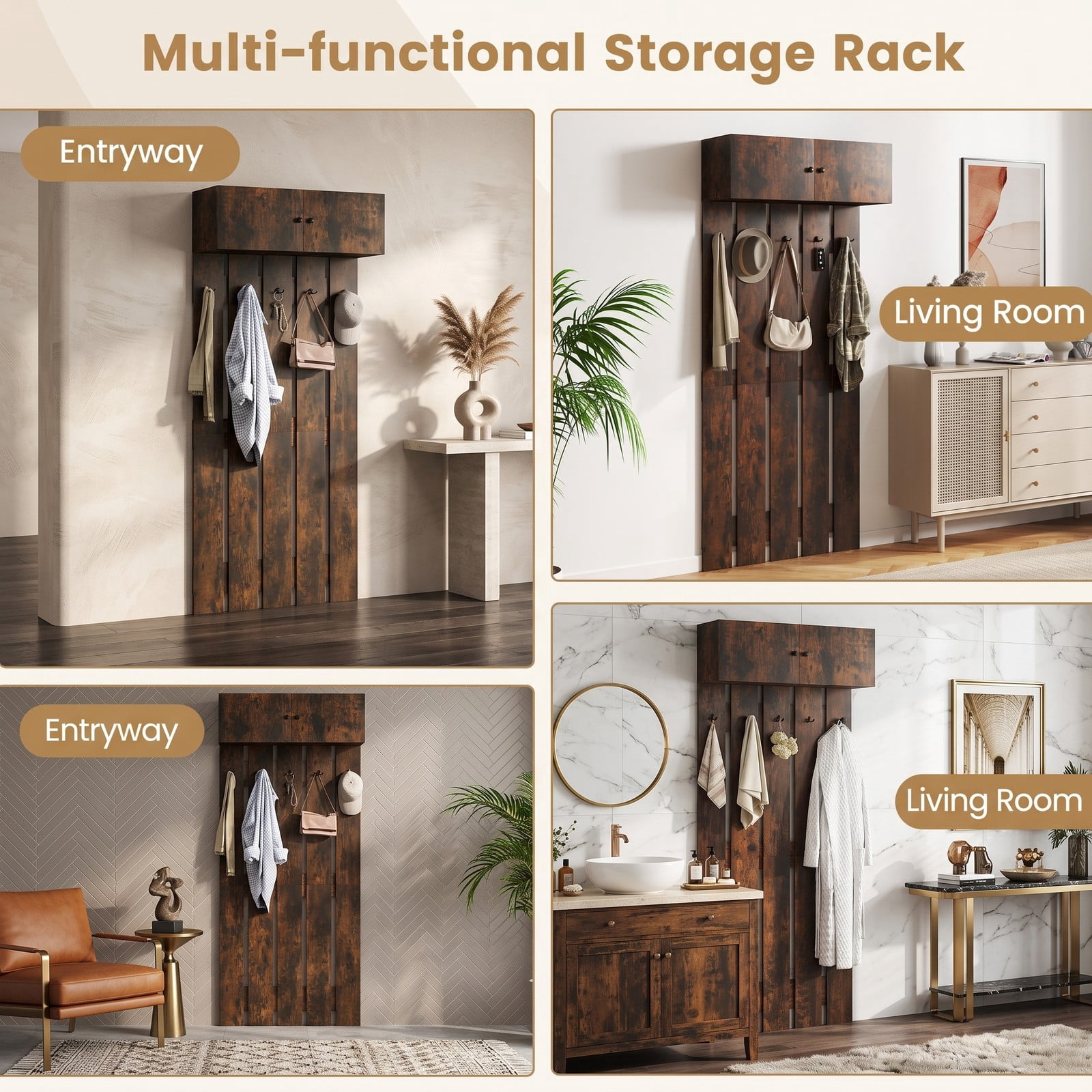 Furnibear Wall Mounted Coat Rack with Upper Storage Cabinet and 5 Metal Hooks for Entryway Kitchen and Living Room, Rustic Brown