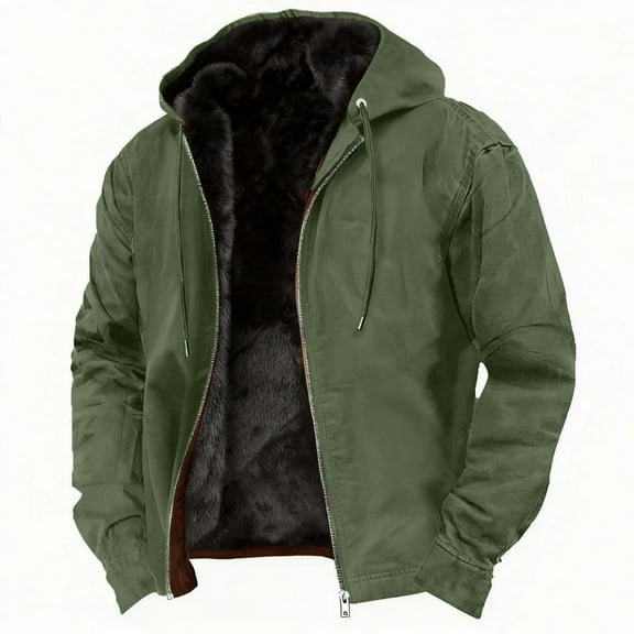 Men's Jackets Casual Warm Fleece Lined Jacket Winter Zip Coats Hooded Jacket Green 3XL