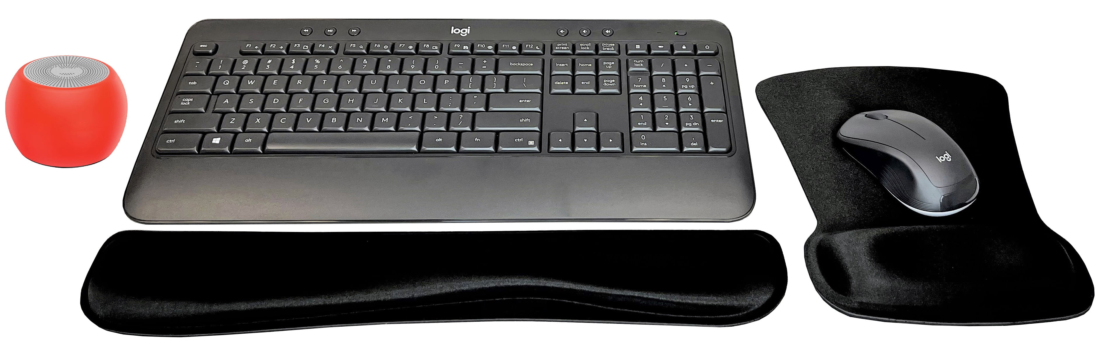 Logitech MK540 Advanced Wireless Keyboard & Mouse Combo Travel Home Office Modern Bundle with Boost Glow in the Dark Water-Resistant Portable Wireless Bluetooth Speaker, Gel Wrist & Mouse Pads