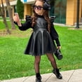 thumbnail image 2 of goowrom Toddler Girl Overall Ruffle Sleeve Backless Suspender Leather Skirt, 2 of 9