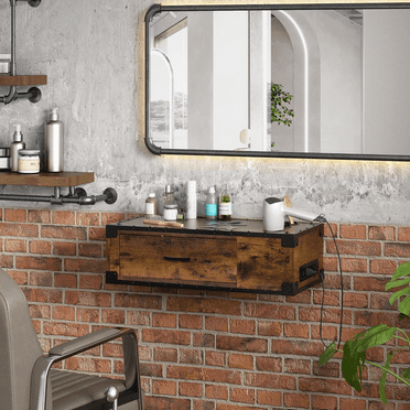 Wall Mount Salon Barber Station,Beauty Styling Table, with Charge Station, Hair Dryer Holes, Storage Drawer, Rustic Brown