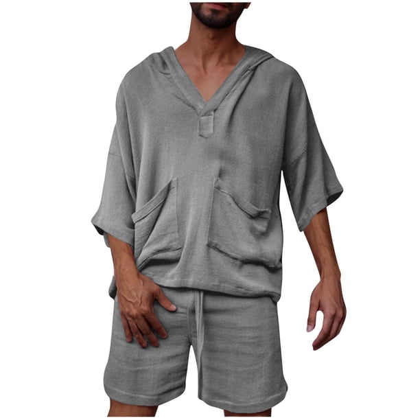 Conjunto de Traje para Hombre, Casual Manga Corta con Capucha, Pantalones Cortos de Bolsillo Conjunto de Color Sólido para Hombres