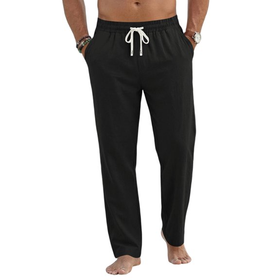 GrmtClth Men's Relaxed All Season Cotton Linen Baggy Straight Pants Elastic Drawstring Waist American Outdoor Travel Casual Trousers Black 3XL
