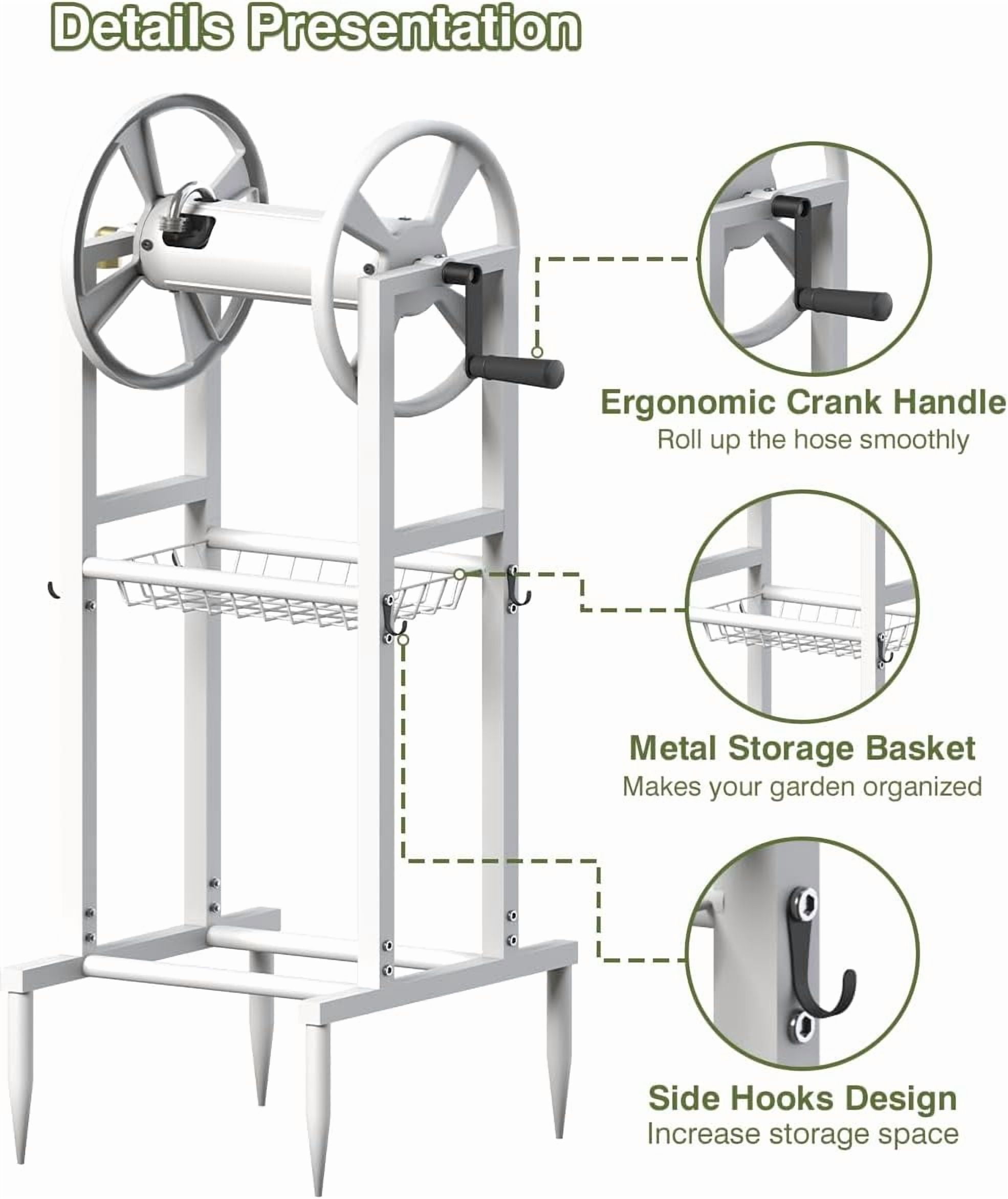 Freestanding Garden Hose Reel holds 125ft Hose of 5/8" with 4 Hooks, 4-Spike Outdoor Hose Holder with 3.9ft Leader Hose & Brass Fitting, Detachable Metal Hose Stand with Storage Rack, White