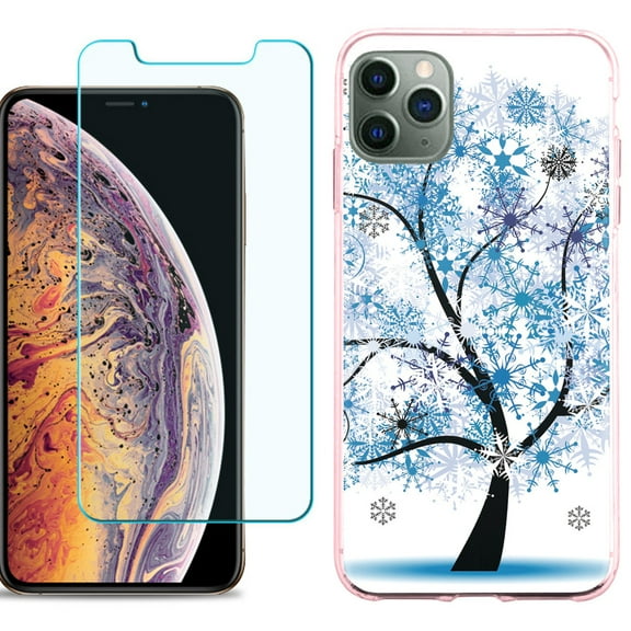 For Apple iPhone 11 Pro Max Case , Slim-Fit TPU Protective Phone Case (Pink Bezel) with Tempered Glass Screen Protector, by OneToughShield ® - Snowflakes Tree