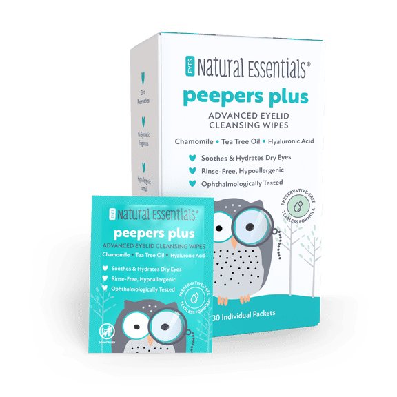Natural Essentials Peepers Plus Advanced Eyelid and Eyelash Cleansing Wipes with Hyaluronic Acid, Chamomile and Tea Tree, 30 Count