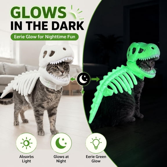 3D Dinosaur Skeleton Pet Costume, Glow in the Dark Halloween Outfit for Small Dogs Cats, Soft Plush Luminous T-Rex Bone Suit Size S for Party Photo Prop