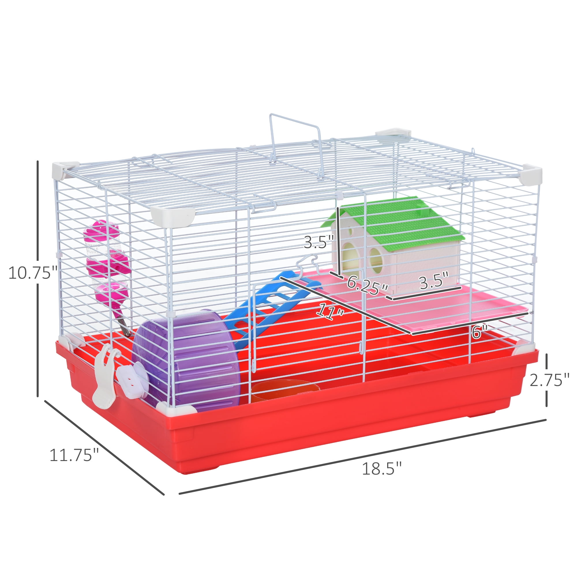 PawHut 18.5" 2-Tier Hamster Cage with Wheel and Water Bottle, Red