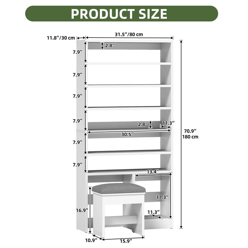 UFORIC 8-Tier Shoe Cabinet with Bench, 70.9" Tall Open Shoe Storage for Entryway, White