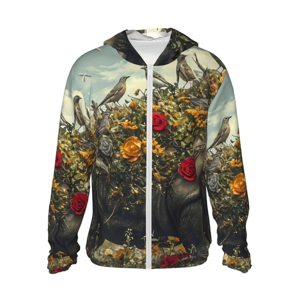 Fotbe Floral Rhino With Birds Chaqueta con Protección Solar UPF 50+ para Hombre y Mujer, Camisa con Capucha y Bolsillos-Small
