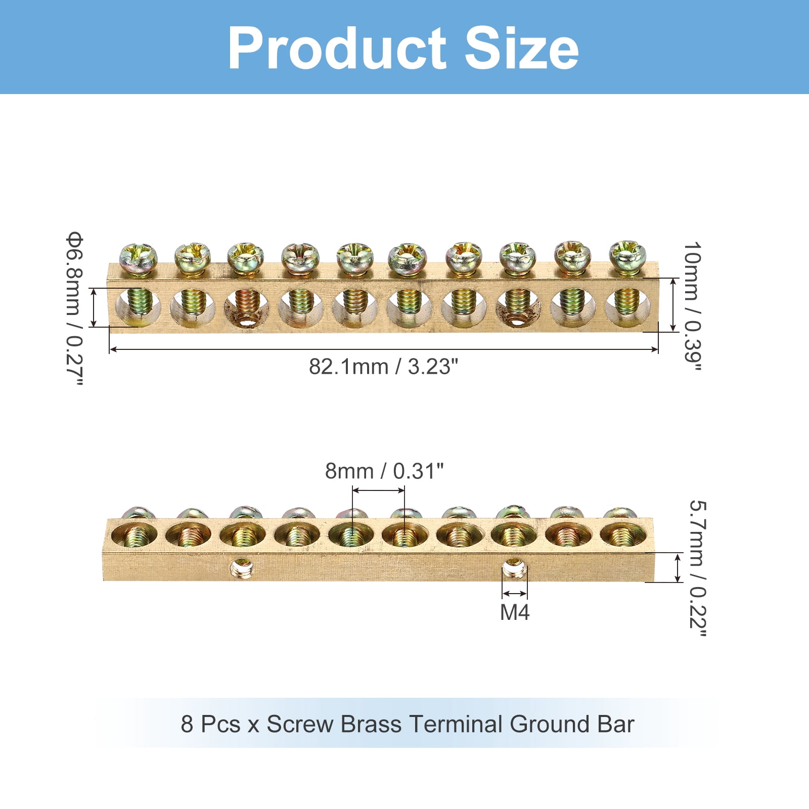 Uxcell 8 Pcs Terminal Ground Bar, 10 Positions Screw Brass Terminal Ground Bar, M4 5.7x10mm Screw Block Barrier Brass for Electrical Devices