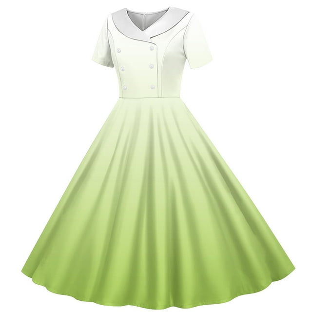 Zpanxa Robes d'Été pour Filles Imprimé Dégradé Manches Courtes Col Rabattu Taille Bouton Robe de Danse Polyester Spandex Vert 5 Ans