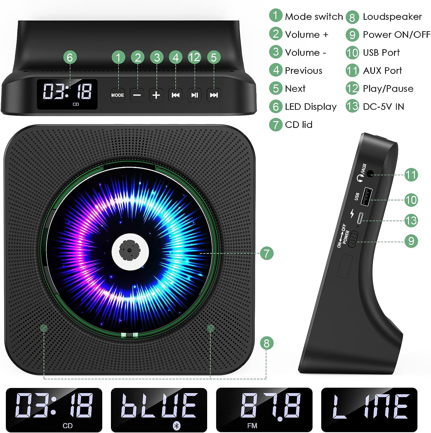 CD Player Portable Bluetooth Desktop 4000mAh Rechargeable CD Player with Remote Control for Home CD Player with Timer HiFi Speakers Dust Cover LCD Screen Display FM Radio-Black