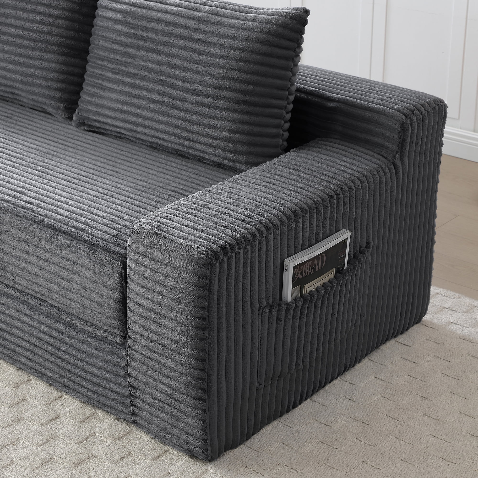 Miniyam Cloud Loveseat Sofa, 2 in 1 Convertible Folding Couch Bed, No Assembly Compressed Corduroy Floor Lounge Sofa for Apartment Office, Grey