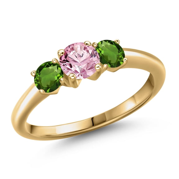 Gem Stone King 18K Yellow Gold Plated Silver Pink Lab Grown Diamond and Green Tourmaline Engagement Ring for Women | 1.00 Cttw | Round 5MM | Gemstone April Birthstone | Size 7