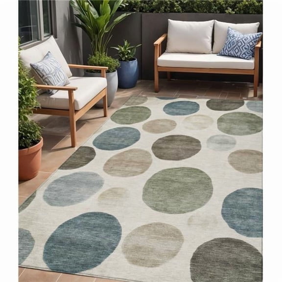 HomeRoots 630574 5 x 8 ft. Ivory Fern Green & Teal Blue Geometric Washable Indoor & Outdoor Rectangle Area Rug