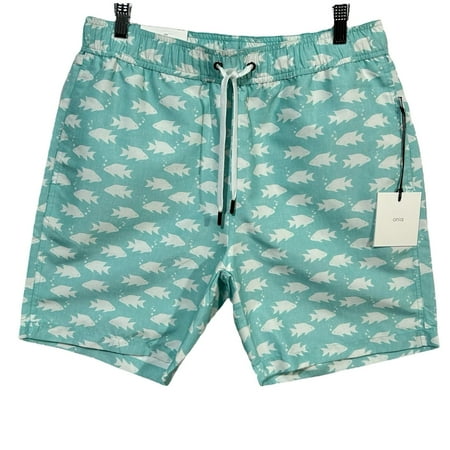 Onia Men’s Lined Swim Trunks Size M (32X7) Aqua-White Fish Ocean Print Quick Dry
