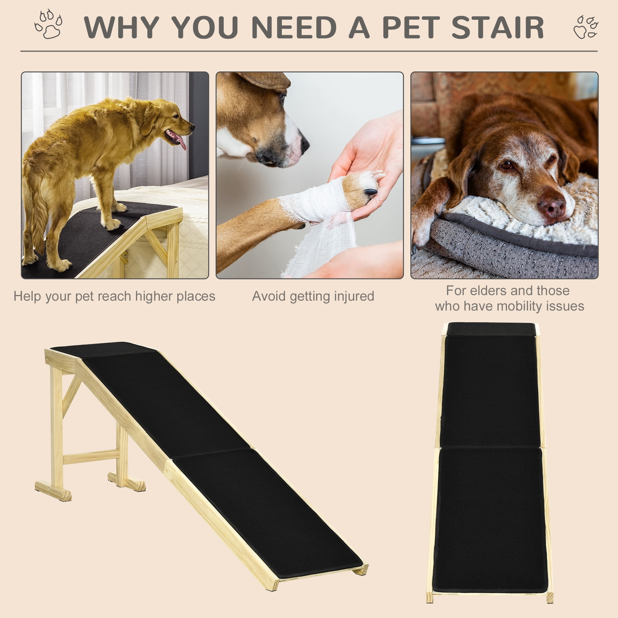 Dog Ramp for Bed, Pet Ramp for Dogs with Non-Slip Carpet and Top Platform, 74" x 16" x 25", Natural