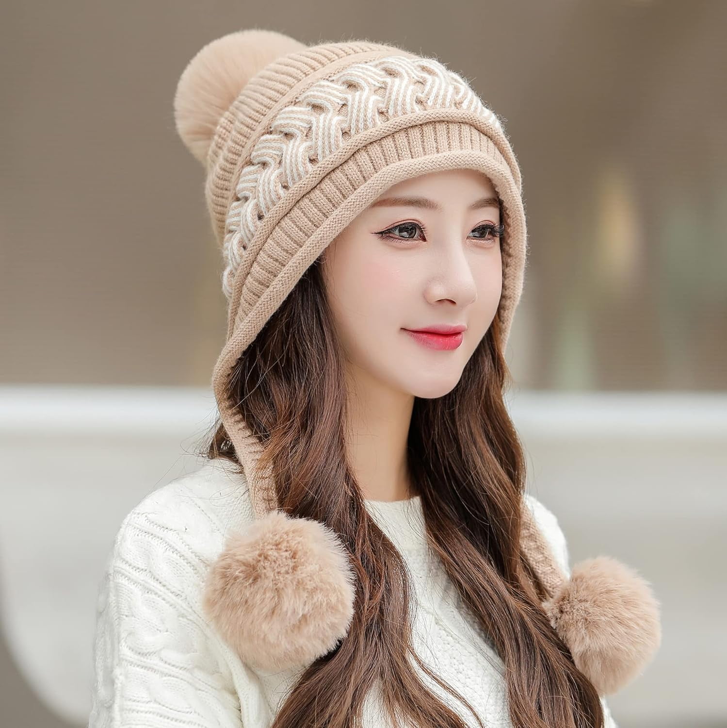 Zhengup Women Winter Peruvian Cover Ears Beanie Hat Ear Flaps Sherpa Ski Snow Hats Knit Fleece Lined 3 Pom Pom