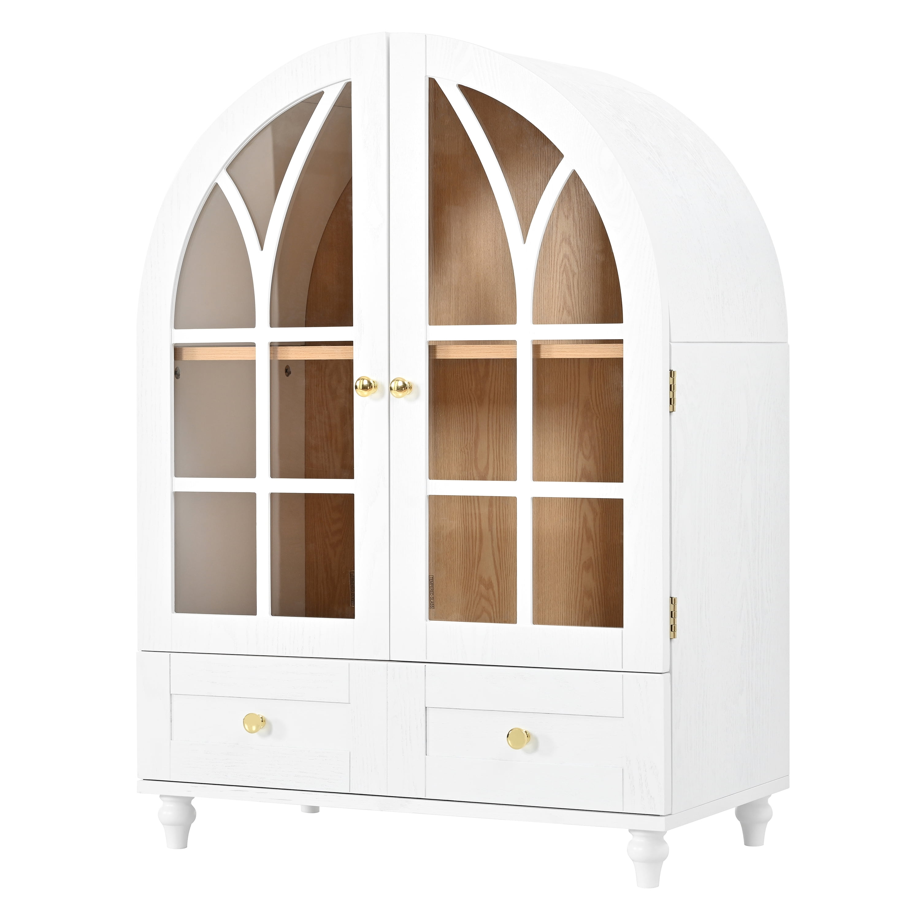 Arched Display Cabinet with Tempered Glass Doors,Wood Storage Cabinet with Natural Wood Grain Finish, Solid Wood Legs Accent Cabinet with Drawers for Living Room, Dining Room, Office