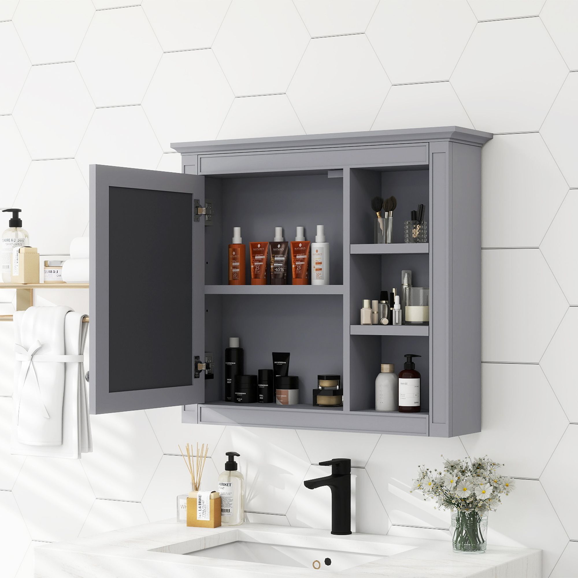 DEALTOPS Stylish Wall Mounted Bathroom Mirror Cabinet with Cabinet and Open Shelves, Gray