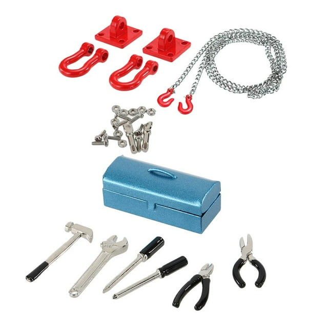Cadena de gancho de remolque de oruga RC,Grillete de cadena de remolque,Caja de reparación de coche 1/10 RC,1:10 herramienta de reparación de orugas de roca,Martillo Llave Destornilladores