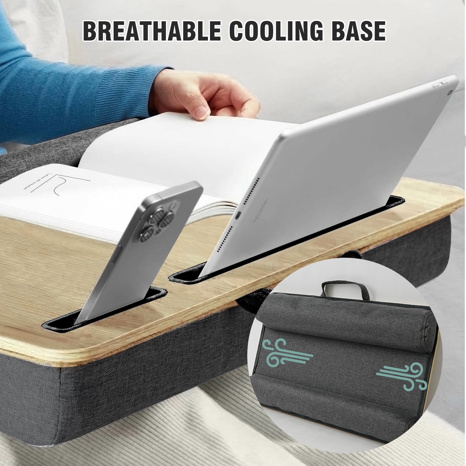 CATGOOD Portable Lap desk, Laptop Desk with Pillow, Wood Lapdesk Bed Table with Soft Pillow, Mouse Pad & iPad/Phone Slots, Fits up to 15.6 inches, White