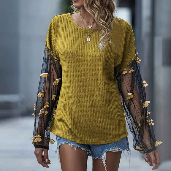 Abcnature Women Fashion Shirt Loose Butterfly Blouse O-Neck Net Yarn Splicing Top Plus Size Tops for Ladies Autumn Winter Casual Loose Tunic Blouse Yellow S