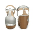 thumbnail image 5 of BLISSFUL STEP Women's Platform T-Strap Block Heels Sandals Solid Round Toe Faux Leather Shoes Silver 9, 5 of 6