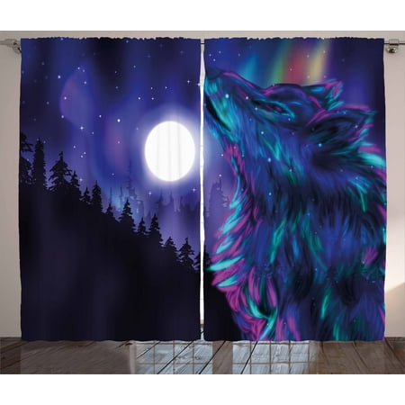 Indigo Bedroom Ideas Moon Curtains 2 Panels Set, Northern Imagery with Aurora Borealis Wolf Spirit Magical Forest Starry Night, Window Drapes for Living Room Bedroom, 108W X 84L Inches, Indigo Aqua Magenta, by Ambesonne ()