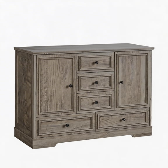 Garvee 47" Farmhouse Buffet Cabinet - 5 Drawers & 2 Doors Sideboard - Wood Storage Credenza & Coffee Bar Station for Dining Room-Gray