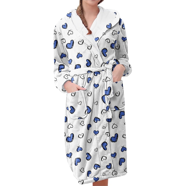 Women's Fleece Plush Robe Long Warm Plush Bathrobe Loungewear Jacket Printed Comfort Robe