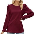 thumbnail image 4 of Scyoekwg Womens Fall Tops Dressy Casual Cewneck Hollowed Out Bubble Sleeved Elegant Shirts Long Sleeve Tops Lightweight Solid Color Loose Pullover (Red,L), 4 of 4