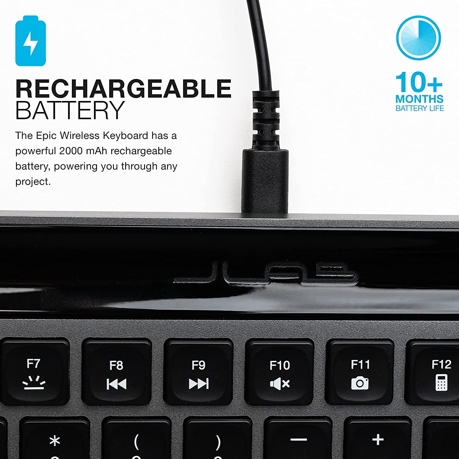 JLab Epic Keyboard, Media Volume Knob, 2.4 GHz Wireless, Bluetooth 5.2, QWERTY, Customizable Buttons, Rechargeable, iOS, PC, Android, Chome OS, Black