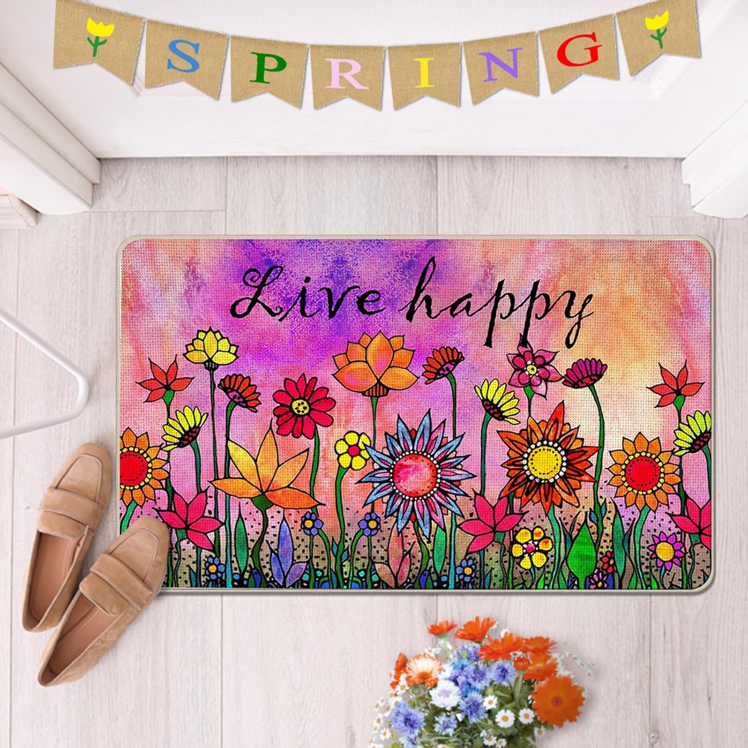 Spring Summer Live Happy Sunflower Decorative Front Door Mat, Watercolor Abstract Floral Doormat Indoor Outdoor Non-Slip Floor Entryway Rug, Fall Seasonal Home Kitchen Decoration 17x30 Inch